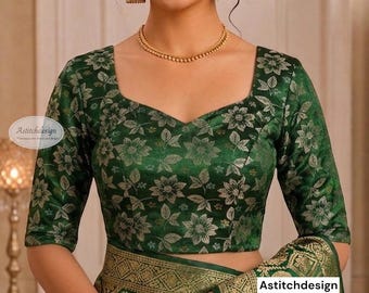 Bottle Green Banarasi Silk Blouse, Sweetheart Neck, Elbow Sleeve, Floral Woven Saree Blouse
