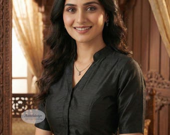 Black Dupion Silk Saree Blouse | Mandarin Collar, Elbow Sleeves