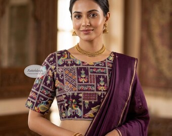 Wine Georgette Embroidered Saree Blouse, Multicolor Bird Floral Motifs, Open Back Tie-Up