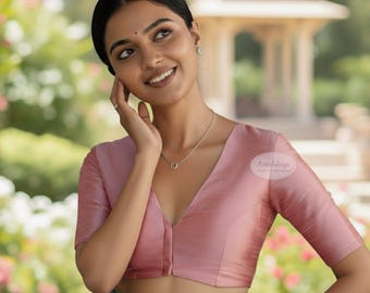 Rose Pink Dupion Silk V-Neck Saree Blouse | Front Hook Closure | Elbow Sleeve Indian Blouse