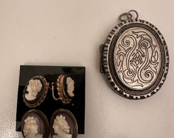 Vintage silver locket and cameo earrings