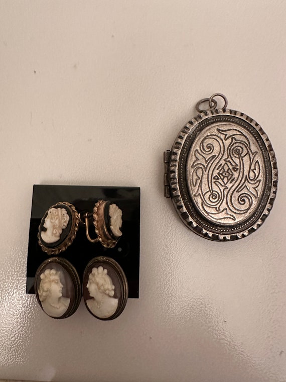 Vintage silver locket and cameo earrings