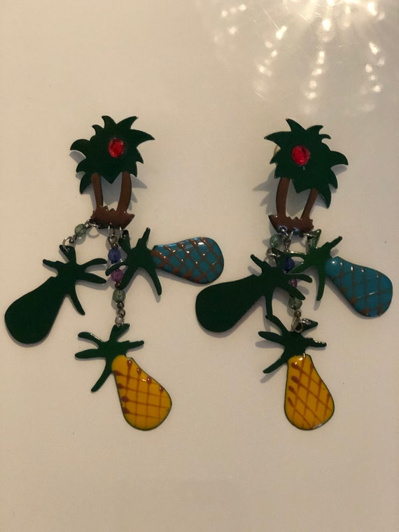 Vintage 1980s enamel palm tree earrings - image 3