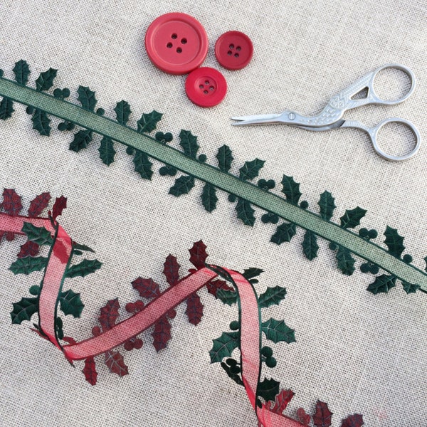 Holly Ribbon with Red or Green sheer centre. Christmas Ribbon. Holiday Ribbon. Holly leaf ribbon - christmas crafts