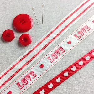 Vintage Love, colección Ribbon. Ribete de algodón a rayas rojas. Cinta Corazón Grograin Roja. Cinta de San Valentín. Artesanías de San Valentín. San Valentín de bricolaje.