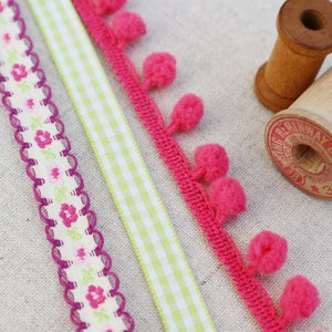 Collezione Pretty Pink e Lime Ribbon. Finitura pompon rosa. Nastro di lime gingham. Rifinitura da cucire. imbarcazione primaverile. Fucsia nastro rosa. nastro a molla