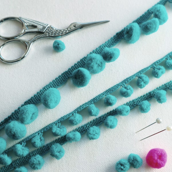 Teal Blue Pom Pom Trim. Teal Green Pom Pom's. Mini pom pom Trim.  Blue / Green Pom-Pom fringe.