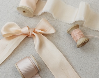 Champagne Silk Ribbon Collection. Luxury Bridal Ribbon Collection. Beautiful Wedding Ribbon. Cream Silk Ribbon.