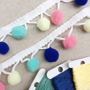 Pom Pom trim. Multi Coloured pom pom Trim, 15 mm pom pom trim. Lemon pom pom, mint pom pom , peach pom pom and blue pom pom.