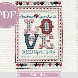 Love Wedding sampler. PDF Cross Stitch Chart, Anniversary sampler