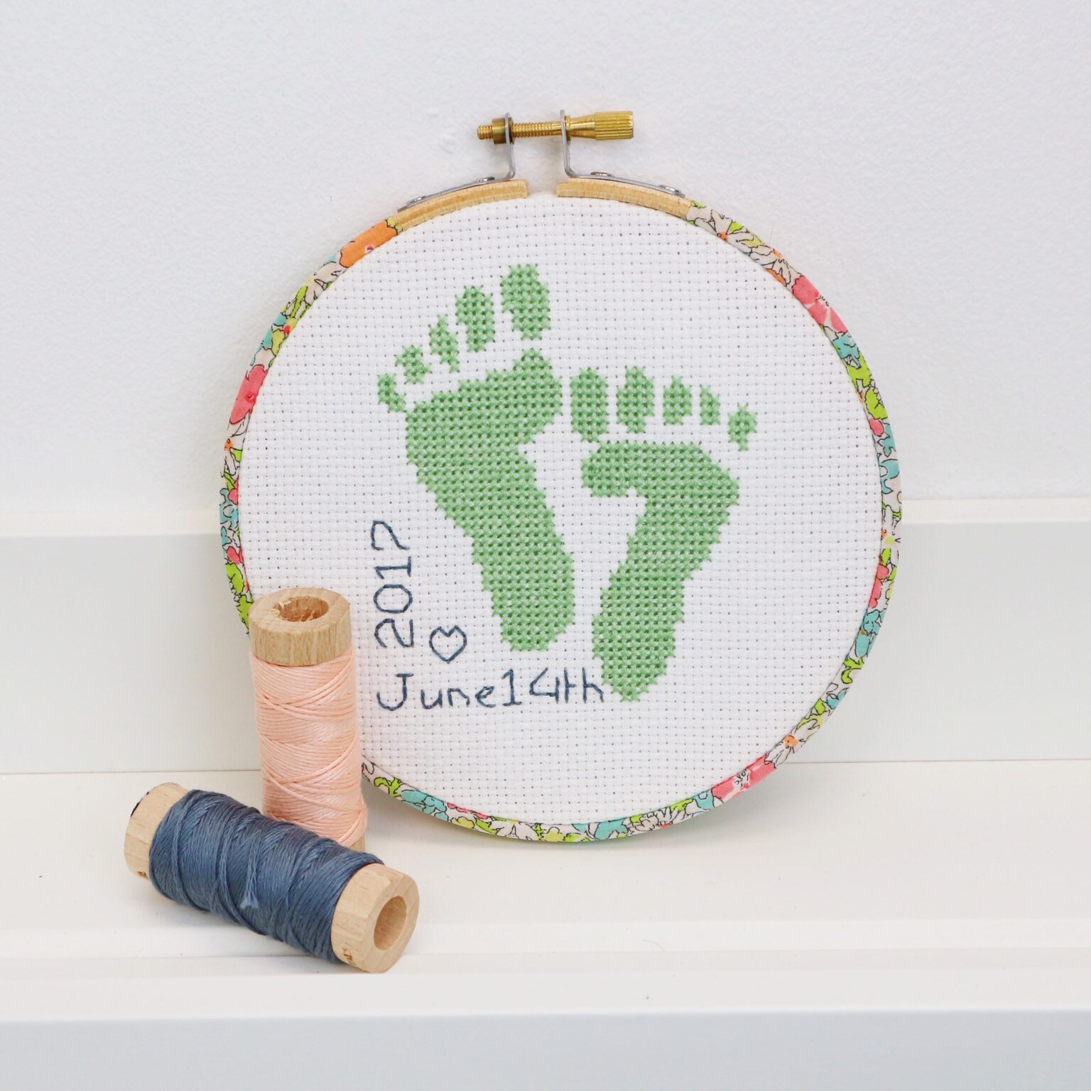 Baby Sampler Cross Stitch Kit. DIY Baby Shower. Mini Green, Baby Feet ...