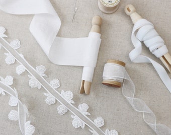 White Rose Bridal  Ribbon Collection. Luxury Trims for Styling Weddings. White Ribbon. Wedding Ribbons. White Gift Wrap Ribbon for Weddings