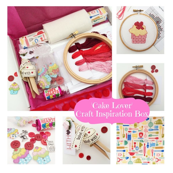 Craft Selection Box - Bake Lover Edition. Cup Cake Cross Stitch. Baked With Love Ribbon. Embroidery Floss. Great British Bake of Gift