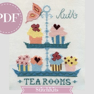 Butterfly Tea Room, Cross Stitch pattern, Sampler,  PDF file