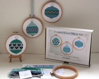 Cross Stitch Kit, Christmas Baubles, Hoop Ornaments. Modern Cross Stitch Design By Ruth Caig