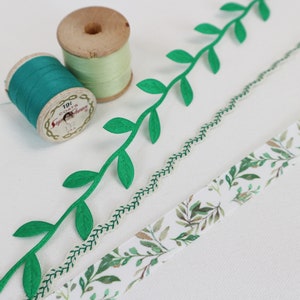 Vine Leaf Green Ribbon Collection.   Green Gingham, Green Grosgrain, Cutout Leaf Trim.