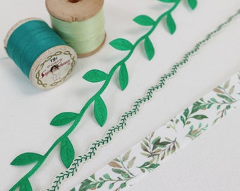 Vine Leaf Green Ribbon Collection.   Green Gingham, Green Grosgrain, Cutout Leaf Trim.