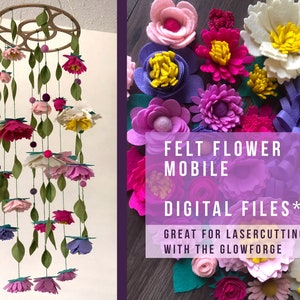 May include: A felt flower mobile with pink, purple, white, and yellow flowers. The mobile is hanging from a wooden ring. The text "FELT FLOWER MOBILE" and "DIGITAL FILES*" is on a purple background. The text "GREAT FOR LASER CUTTING WITH THE GLOWFORGE" is below the purple background.