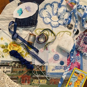 Vintage Fabric Junk Journal Kit Victorian Inspired Laces, Trims, Notions 30 + pieces Blue