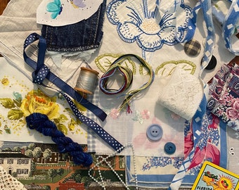 Vintage Fabric Junk Journal Kit Victorian Inspired Laces, Trims, Notions 30 + pieces Blue