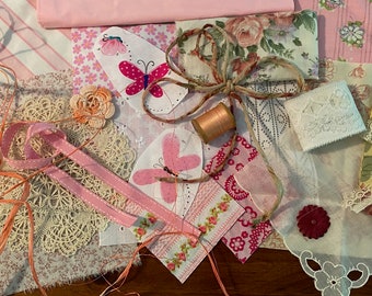 Vintage Fabric Junk Journal Kit Victorian Inspired Laces, Trims, Notions 30 + pieces Pink