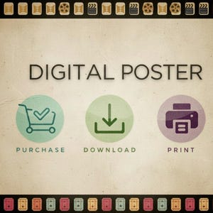 May include: Digital poster design with a vintage aesthetic. The text "DIGITAL POSTER" is displayed above three circular icons: a shopping cart with a checkmark, a downward arrow, and a printer. The words "PURCHASE", "DOWNLOAD", and "PRINT" are below the icons.