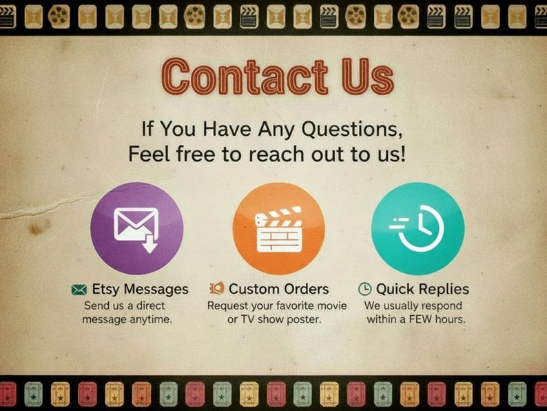 May include: A vintage-style poster with the words "Contact Us" in a retro font. It includes icons for Etsy messages, custom orders, and quick replies, with corresponding text. The background is a textured beige with film reel and ticket border.
