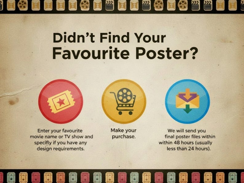 May include: A vintage-style poster with the text "Didn't Find Your Favourite Poster?" and three circular icons. Instructions include entering a movie name, making a purchase, and receiving files within 48 hours.