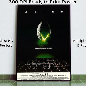 Peut inclure: Affiche encadrée du film "Alien", avec un fond sombre et un œuf lumineux. Le titre du film et le texte "In space no one can hear you scream" sont également présents.