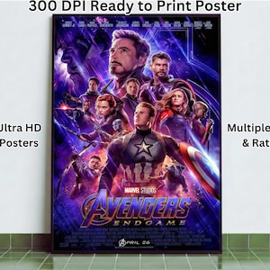 Może przedstawiać: Oprawiony plakat do filmu "Avengers: Endgame" przedstawiający grupę postaci w kostiumach. Plakat zawiera tekst "300 DPI Ready to Print Poster", "Ultra HD Posters" i "Multiple Size & Ratio". Tytuł filmu jest wyraźnie widoczny.