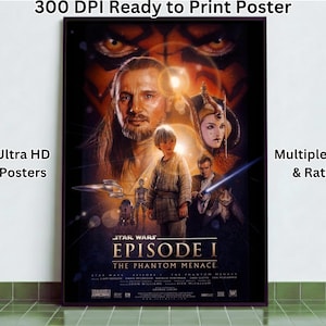 May include: A framed poster for Star Wars: Episode I - The Phantom Menace. The poster features characters from the film, including Qui-Gon Jinn and Anakin Skywalker. Text on the poster includes "Star Wars Episode I The Phantom Menace", "Ultra HD Posters", and "Multiple Size & Ratio".