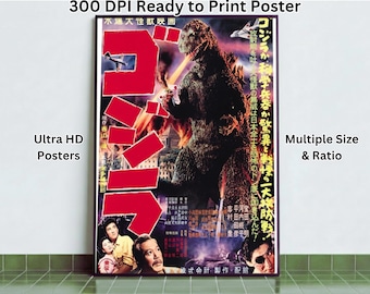 Op de afbeelding: Een vintage filmposter met Godzilla, Japanse tekst en rode grafische elementen. De poster heeft een donker kleurenschema met afbeeldingen van een stad en mensen. Tekst op de poster luidt "300 DPI Ready to Print Poster", "Ultra HD Posters" en "Multiple Size & Ratio".