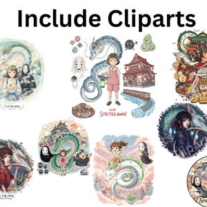 May include: A collection of colorful cliparts featuring characters and scenes from the animated film "Spirited Away." The images include a dragon, a girl, and various other creatures, with text that reads "Include Cliparts."