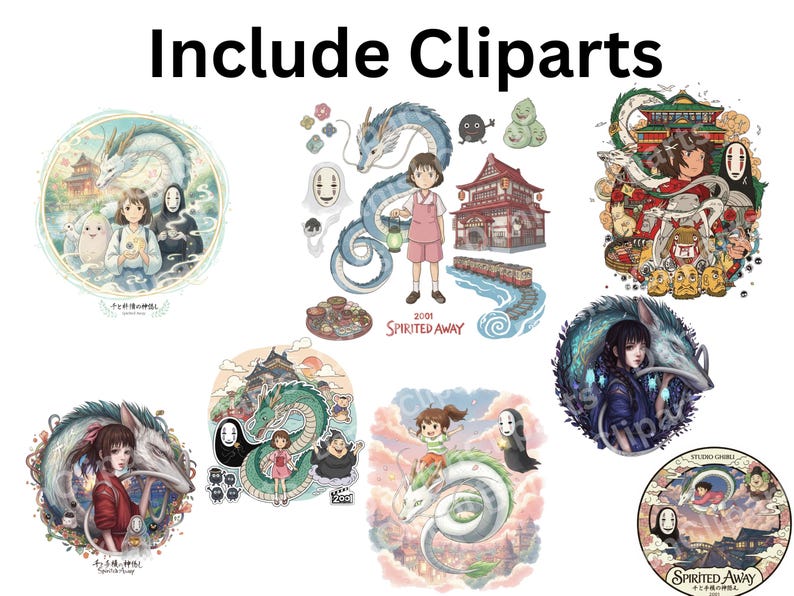 May include: A collection of colorful cliparts featuring characters and scenes from the animated film "Spirited Away." The images include a dragon, a girl, and various other creatures, with text that reads "Include Cliparts."
