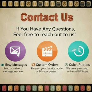 May include: A vintage-style poster with the text "Contact Us" in a brown, retro font. It includes icons for Etsy messages, custom orders, and quick replies, with corresponding text. The background is a beige color with film reel and ticket border.