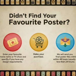 May include: A vintage-style poster with the text "Didn't Find Your Favourite Poster?" and three circular icons. Instructions include entering a movie name, making a purchase, and receiving files within 48 hours.
