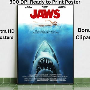Jaws (1975) Vintage Movie Poster | Minimalist Retro Wall Art | Digital Download Printable for Home Theater Decor