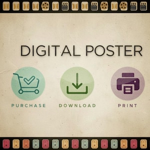 Puede incluir: Gr&aacute;fico de p&oacute;ster digital con el texto "DIGITAL POSTER". La imagen incluye iconos para comprar, descargar e imprimir. El fondo es un papel de pergamino vintage con un borde de tira de pel&iacute;cula.