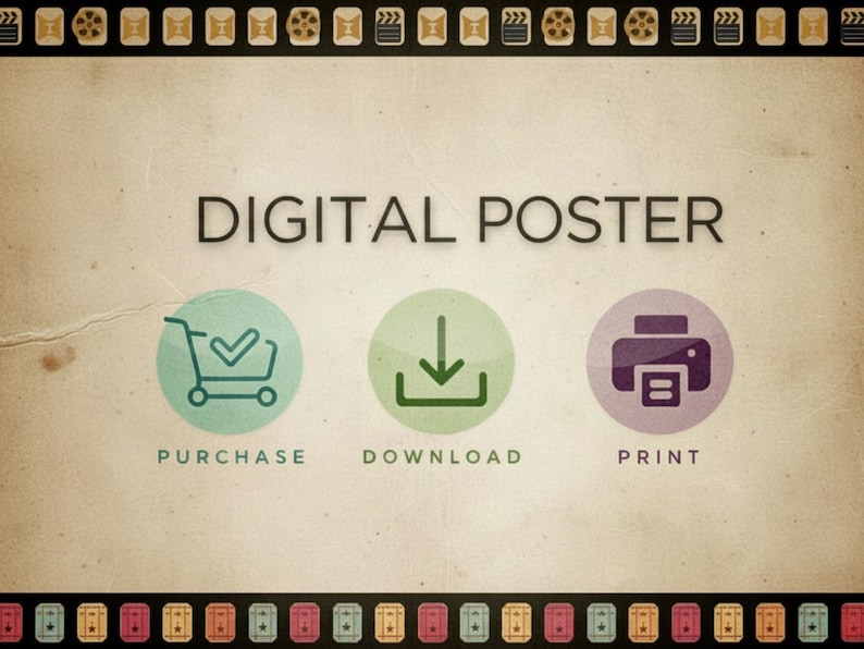 Puede incluir: Gr&aacute;fico de p&oacute;ster digital con el texto "DIGITAL POSTER". La imagen incluye iconos para comprar, descargar e imprimir. El fondo es un papel de pergamino vintage con un borde de tira de pel&iacute;cula.