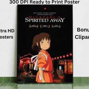May include: A framed poster featuring the animated film "Spirited Away." The poster has a black background with the film's title and a central image of a girl in an orange outfit. Text includes "Ultra HD Posters" and "Bonus Cliparts."