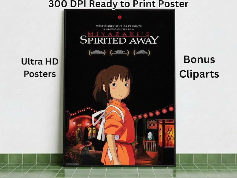 May include: A framed poster featuring the animated film "Spirited Away." The poster has a black background with the film's title and a central image of a girl in an orange outfit. Text includes "Ultra HD Posters" and "Bonus Cliparts."