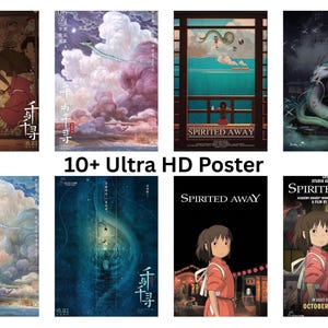 May include: Collection of Spirited Away movie posters. The posters feature vibrant illustrations of characters and scenes from the animated film. The text "Spirited Away" and "10+ Ultra HD Poster" are visible.