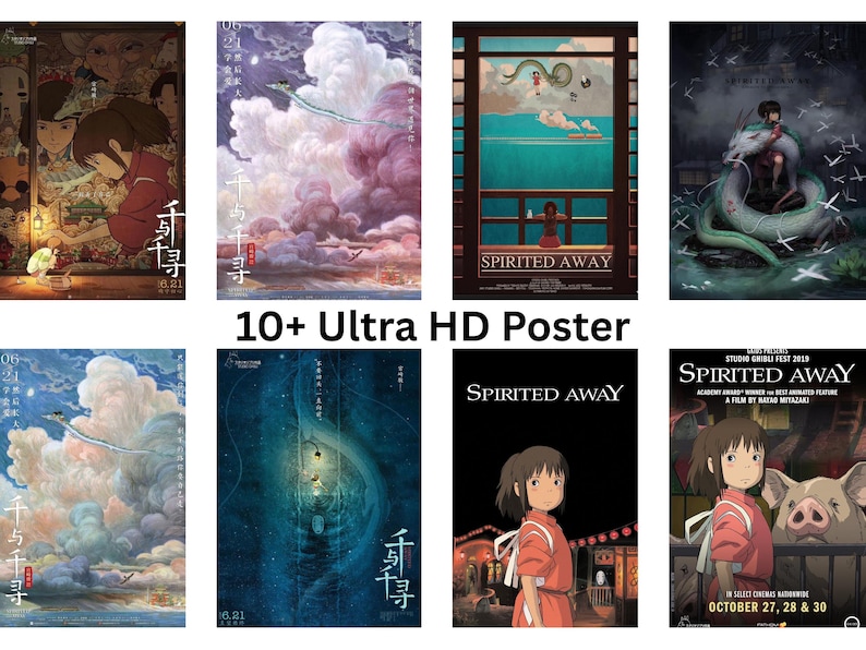 May include: Collection of Spirited Away movie posters. The posters feature vibrant illustrations of characters and scenes from the animated film. The text "Spirited Away" and "10+ Ultra HD Poster" are visible.