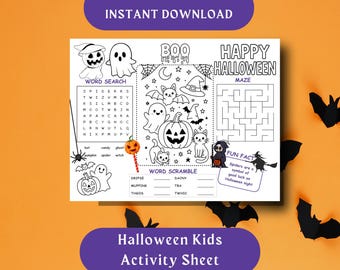 Halloween Kids Activity Pack – Maze, Word Search, Coloring (PDF)