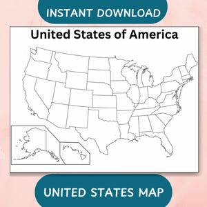 以下が含まれることがあります： 各州が概説された、アメリカ合衆国の白黒地図。「United States of America」の文字が上部に、「United States Map」が下部にあります。「Instant Download」の文字が上部にあります。
