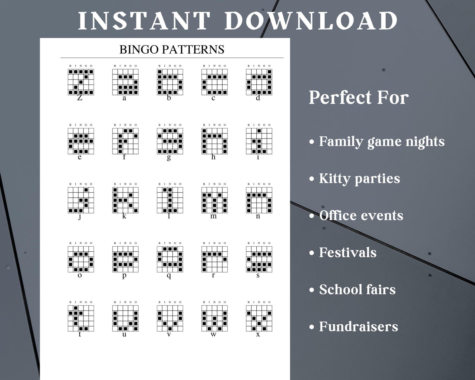 100 Printable Bingo Patterns • 5x5 Grids • Pattern Call Cards • Instant ...