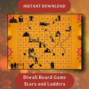 May include: A Diwali-themed board game with a yellow background, featuring a grid of numbers and illustrations of stars, ladders, and figures. The game is titled "Diwali Board Game Stars and Ladders" and is available for instant download.