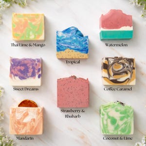 Handmade Natural Soap Bar – Vegan Cold Process Soap – Moisturising Artisan Soap – Gift for Her – Coconut Lime, Strawberry Rhubarb, Tropical