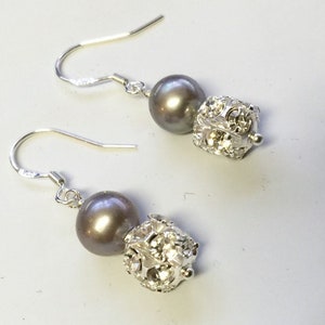 Bridal earrings, freshwater pearl earrings, sterling silver earrings, rhinestone earring, silver grey pearl earring, bridesmaid earring E422