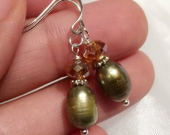 Olive Green Pearl Earrings: Swarovski Crystal, Silver Plated